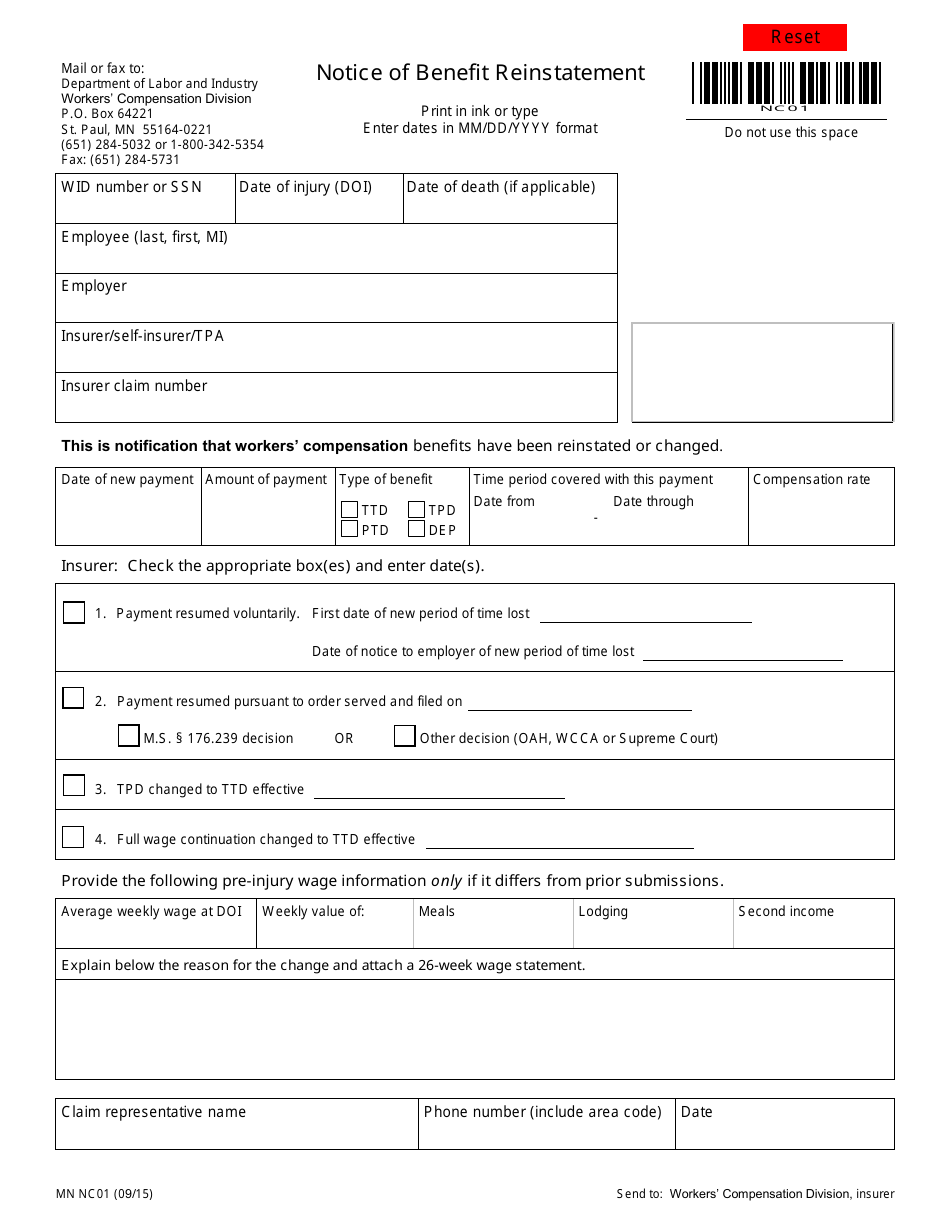 Form MN NC01 Notice of Benefit Reinstatement - Minnesota, Page 1