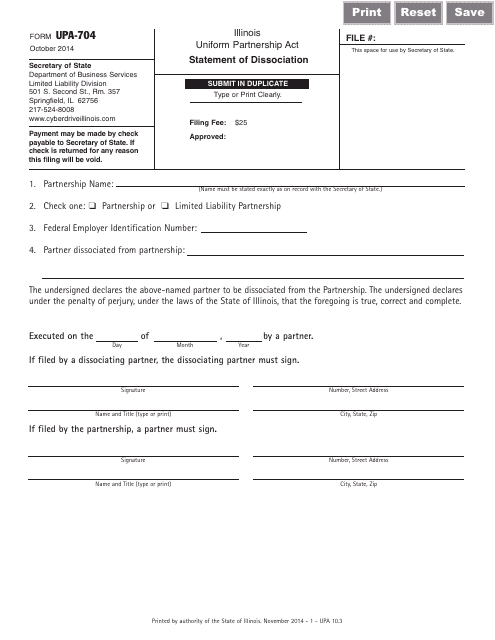 Form UPA-704 Statement of Dissociation - Illinois