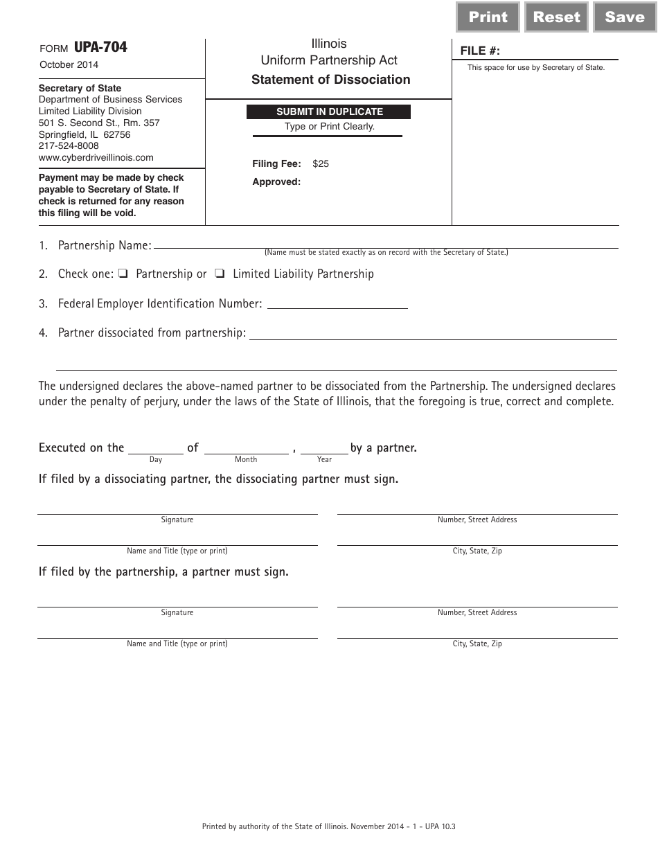 Form UPA-704 Statement of Dissociation - Illinois, Page 1