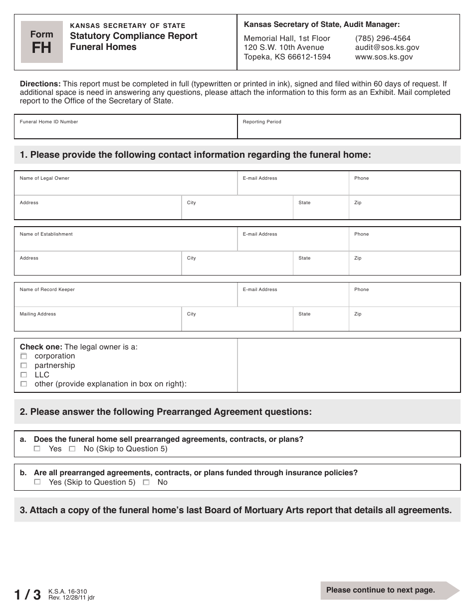 Form FH Statutory Compliance Report Funeral Homes - Kansas, Page 1