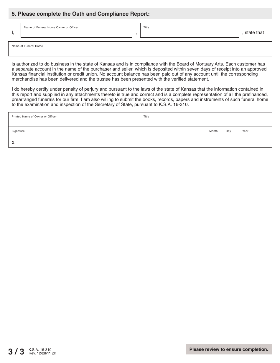 Form FH Statutory Compliance Report Funeral Homes - Kansas, Page 3