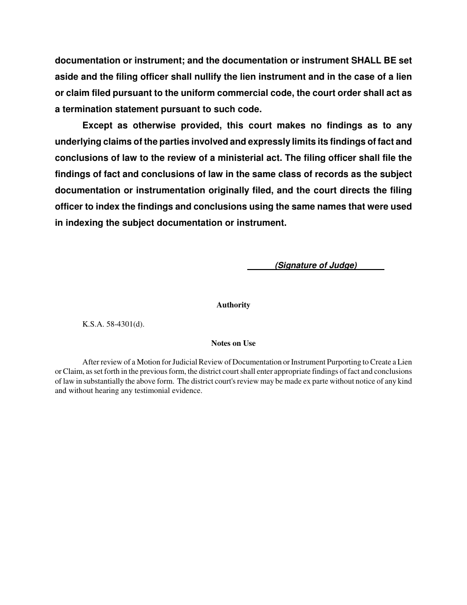 Judicial Findings of Fact and Conclusions of Law Regarding a Documentation or Instrument Purporting to Create a Lien or Claim - Kansas, Page 2