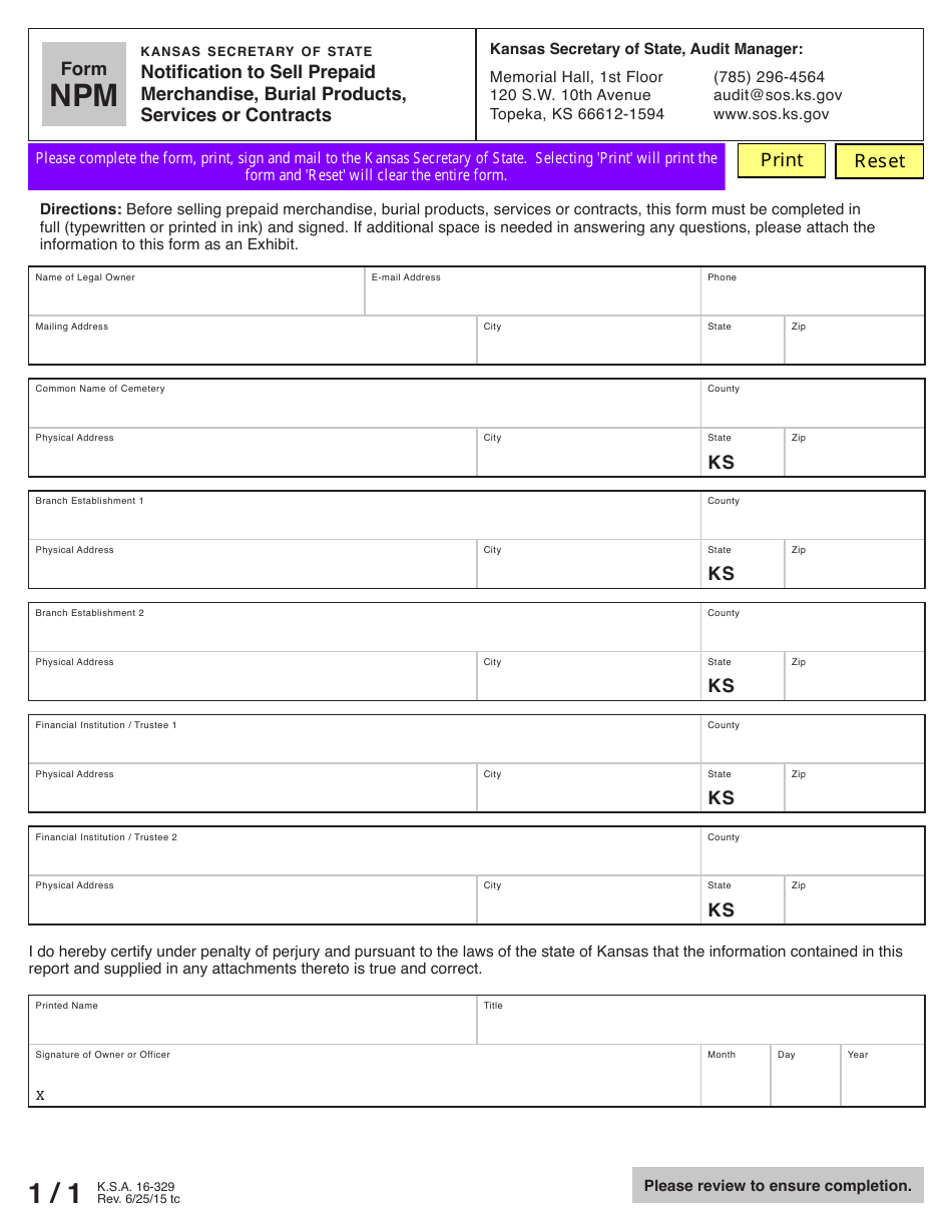 Form NPM Notification to Sell Prepaid Merchandise, Burial Products, Services or Contracts - Kansas, Page 1