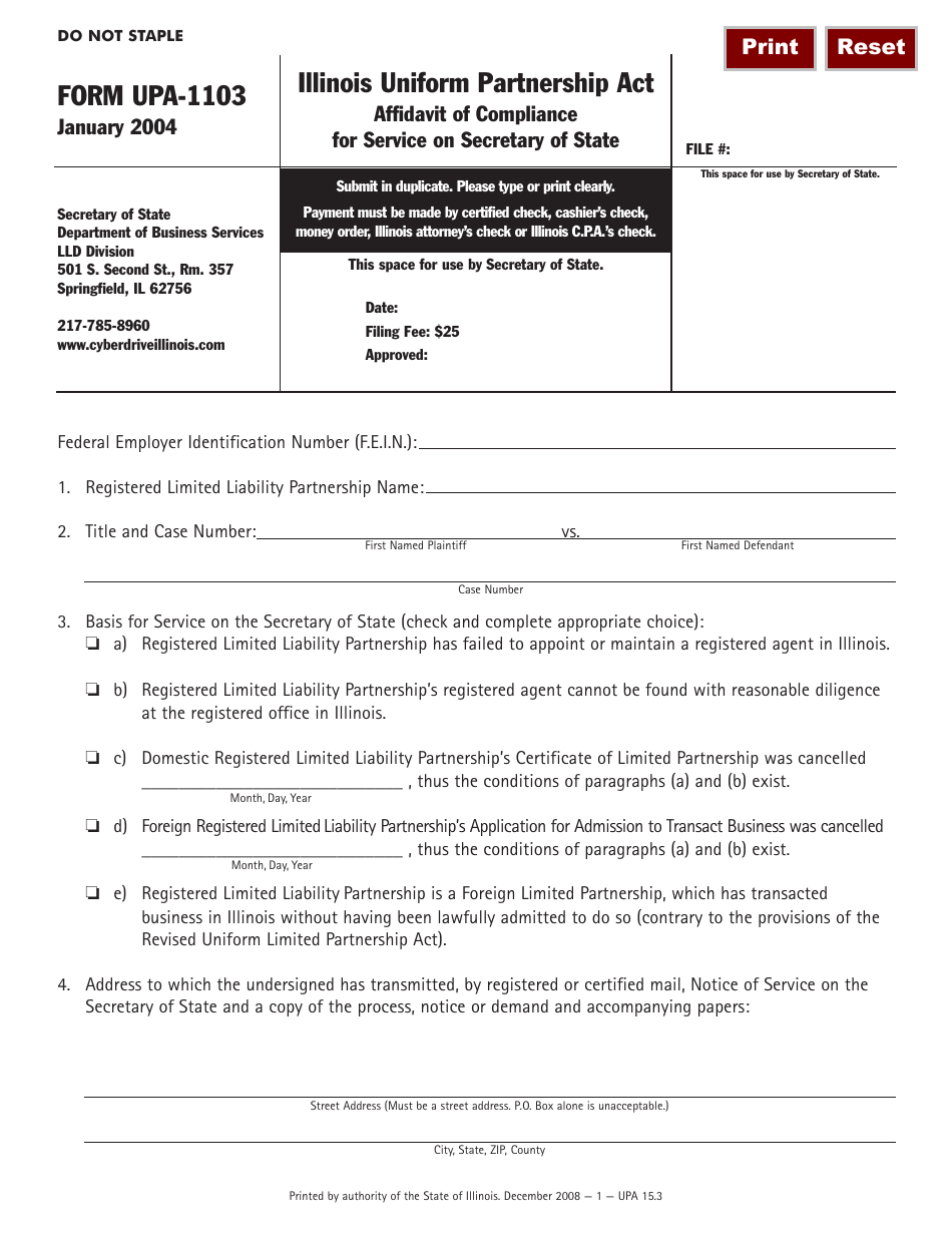 Form UPA-1103 Affidavit of Compliance for Service on Secretary of State - Illinois, Page 1