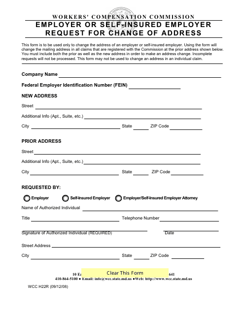 WCC Form H22R Employer or Self Insured Employer Request for Change of Address - Maryland