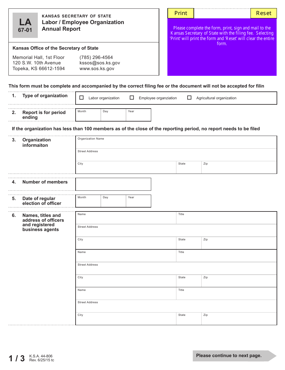 Form LA67-01 Labor / Employee Organization Annual Report - Kansas, Page 2