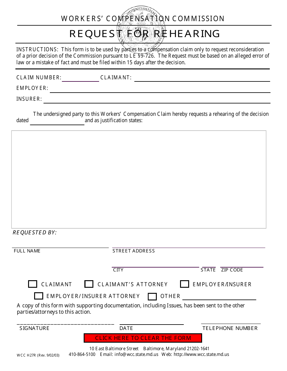 WCC Form WCC H27R Request for Rehearing - Maryland, Page 1