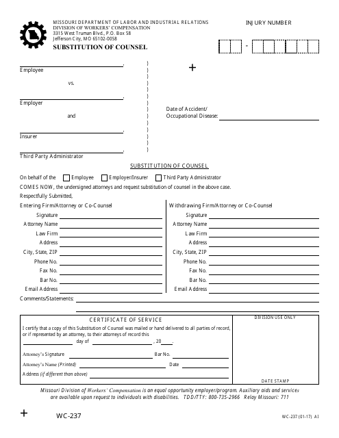 Form WC-237 Substitution of Counsel - Missouri