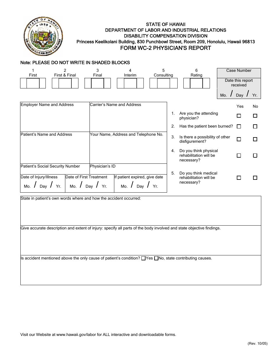 Form WC-2 Physicians Report - Hawaii, Page 2