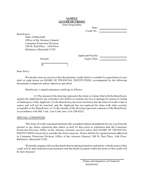 Letter of Credit (Non-negotiable) - Sample - Maryland