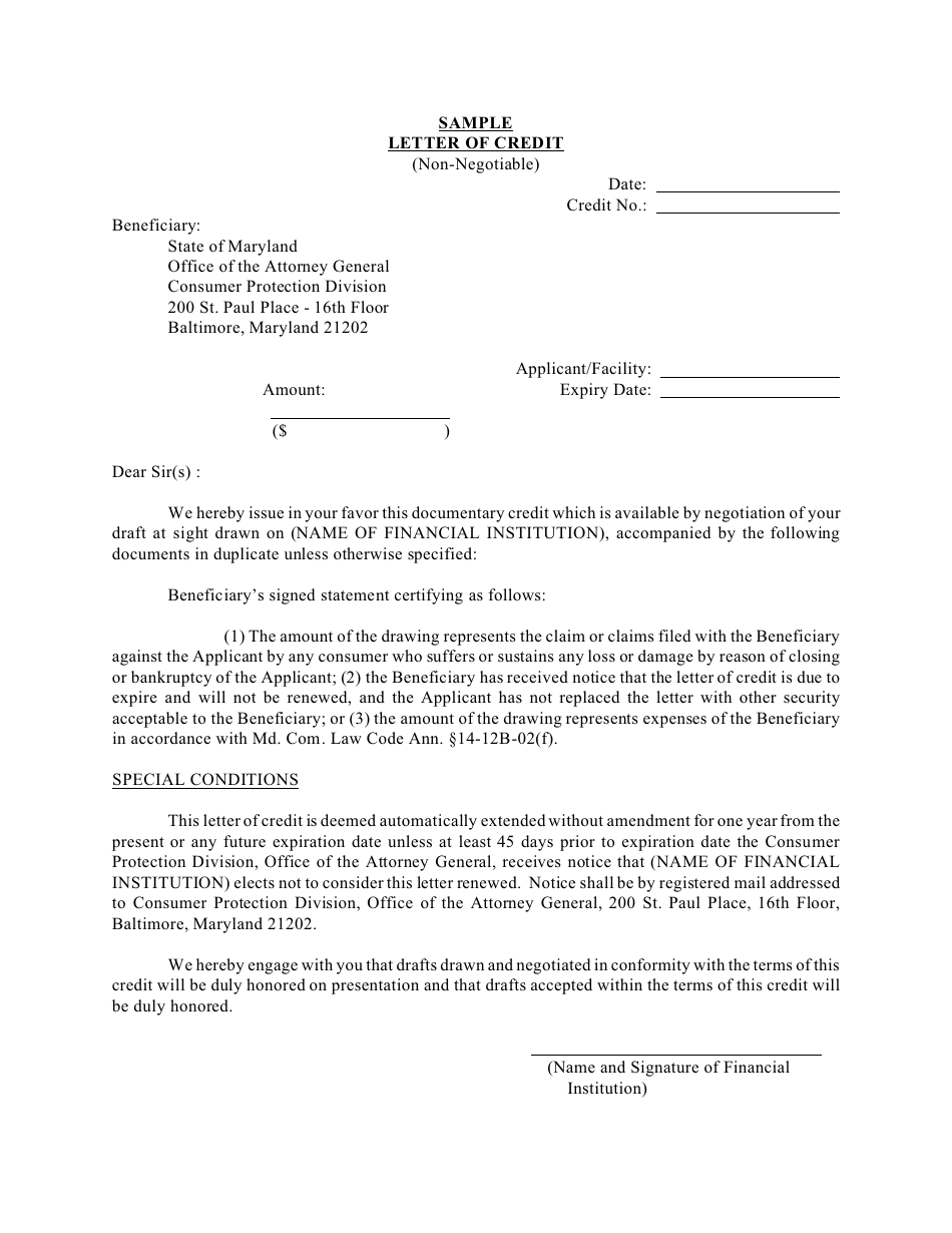 Letter of Credit (Non-negotiable) - Sample - Maryland, Page 1