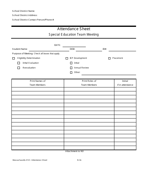 Form N3A Attendance Sheet - Massachusetts