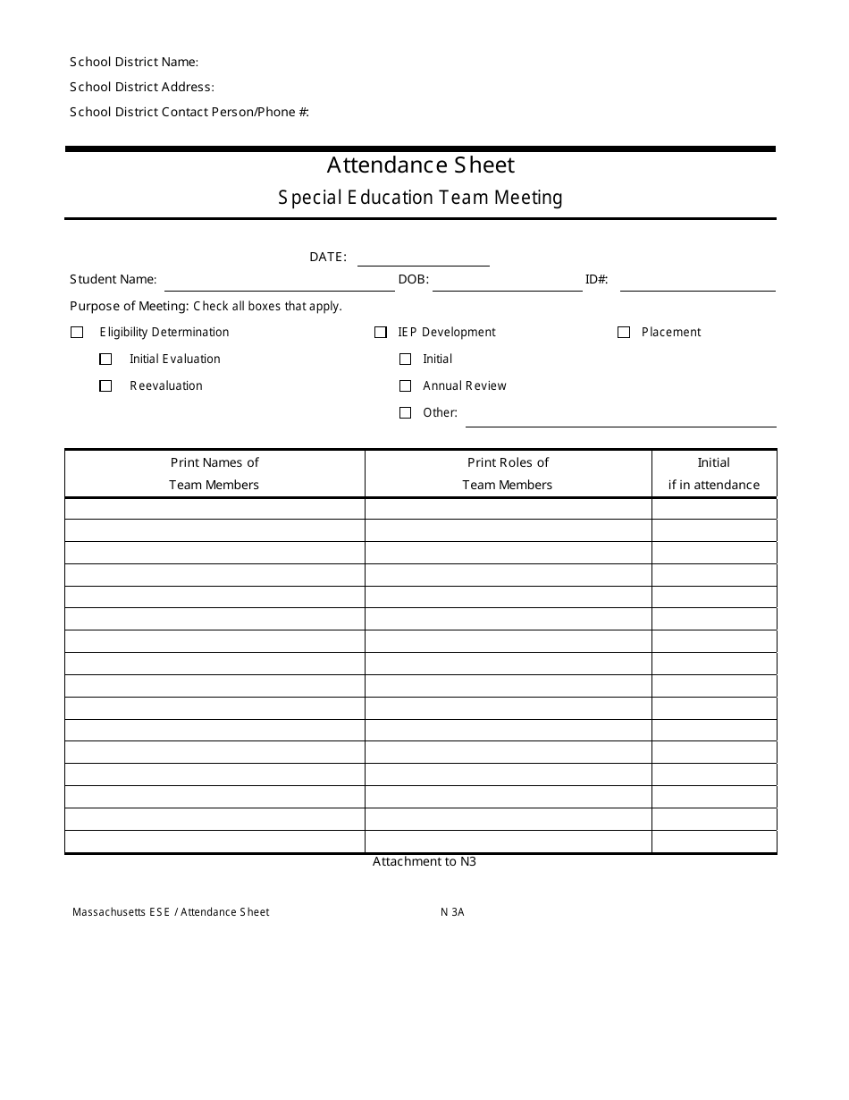 Form N3A Attendance Sheet - Massachusetts, Page 1