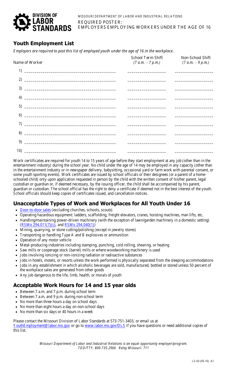 Form LS-43 Employers Employing Workers Under the Age of 16 - Required Poster - Missouri, Page 1