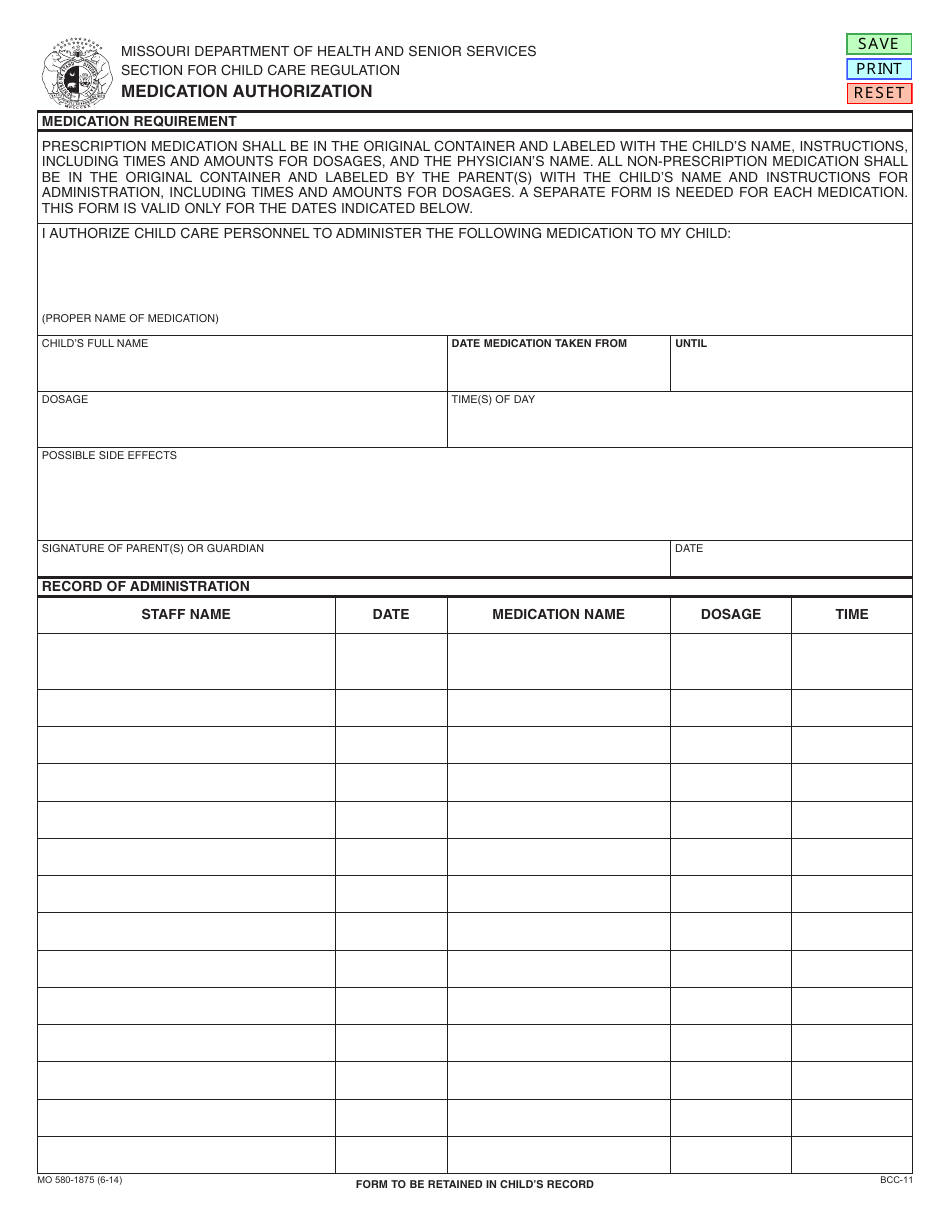 Form BCC-11 (MO580-1875) Medication Authorization - Missouri, Page 1