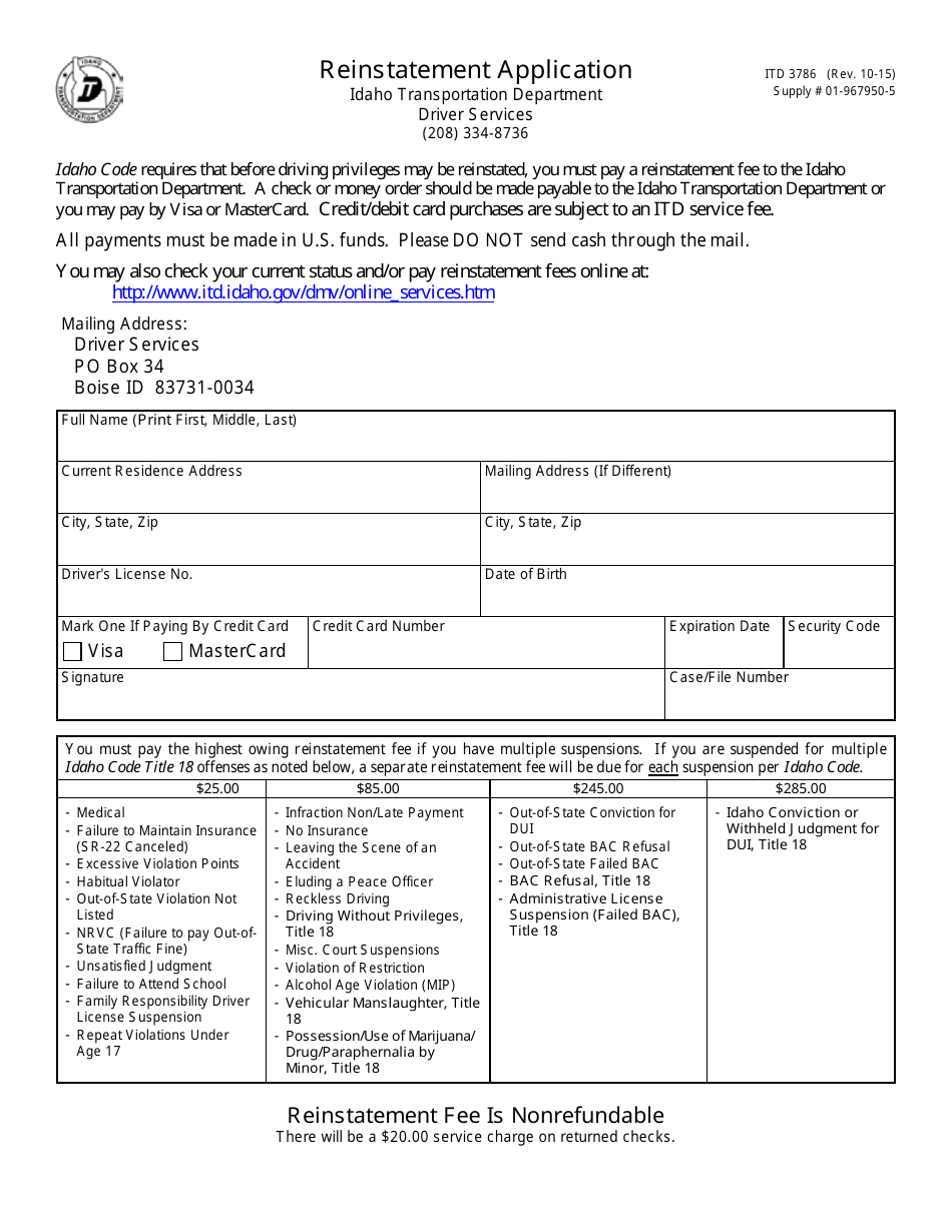Form ITD3786 Reinstatement Application - Idaho, Page 1