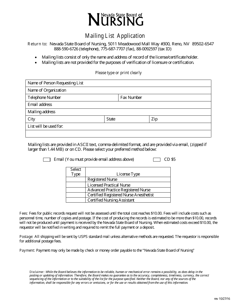 Mailing List Application Form - Nevada, Page 1