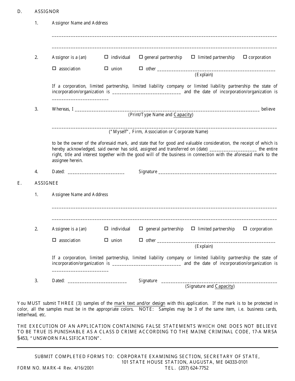 Form MARK-4 Application for Assignment of a Mark - Maine, Page 2