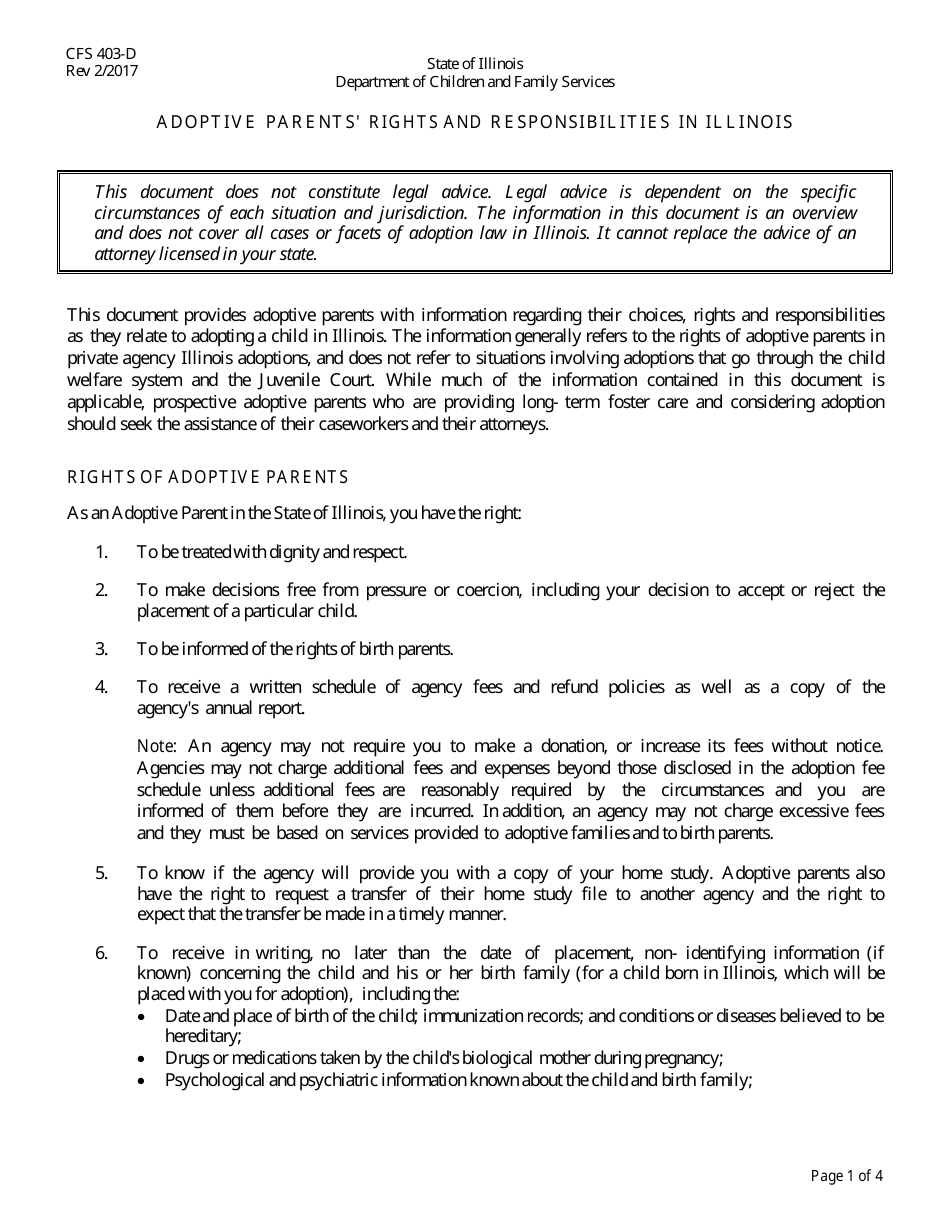Form CFS403-D Adoptive Parents Rights and Responsibilities in Illinois - Illinois, Page 1