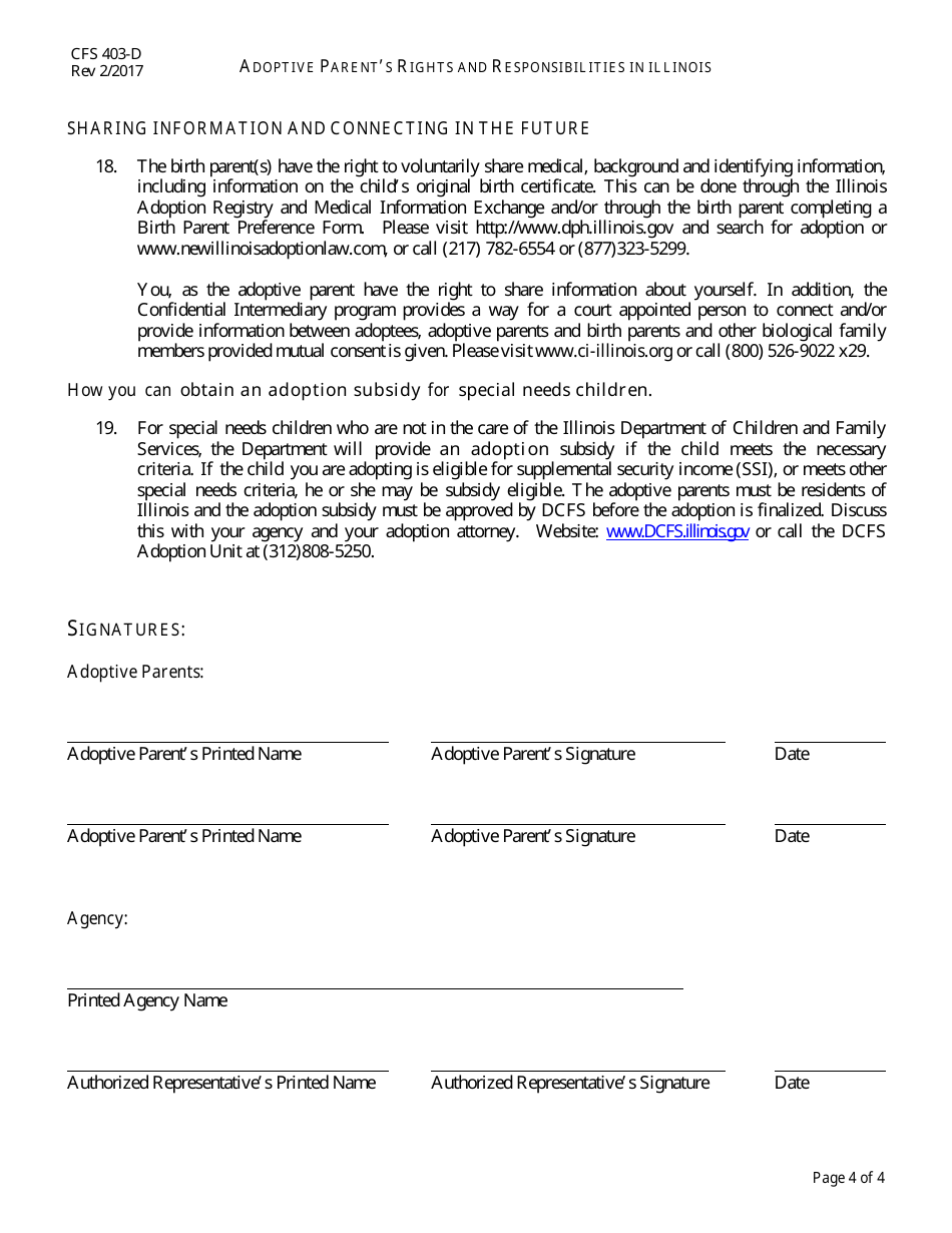 Form CFS403-D Adoptive Parents Rights and Responsibilities in Illinois - Illinois, Page 4