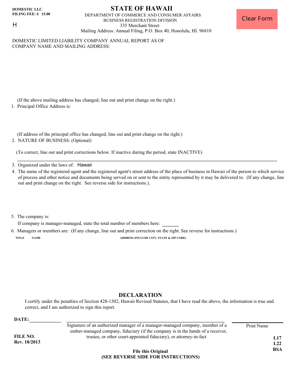 Form C5 Domestic Limited Liability Company Annual Report - Hawaii, Page 1