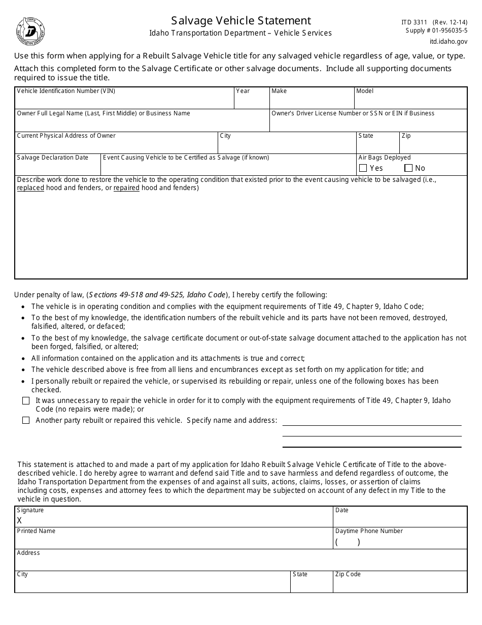 Form ITD3311 Salvage Vehicle Statement - Idaho, Page 1