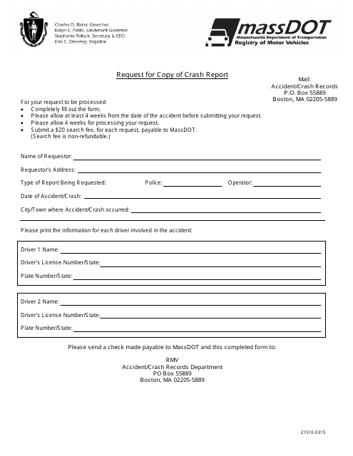 Form 21510-0315 Request for Copy of Crash Report - Massachusetts