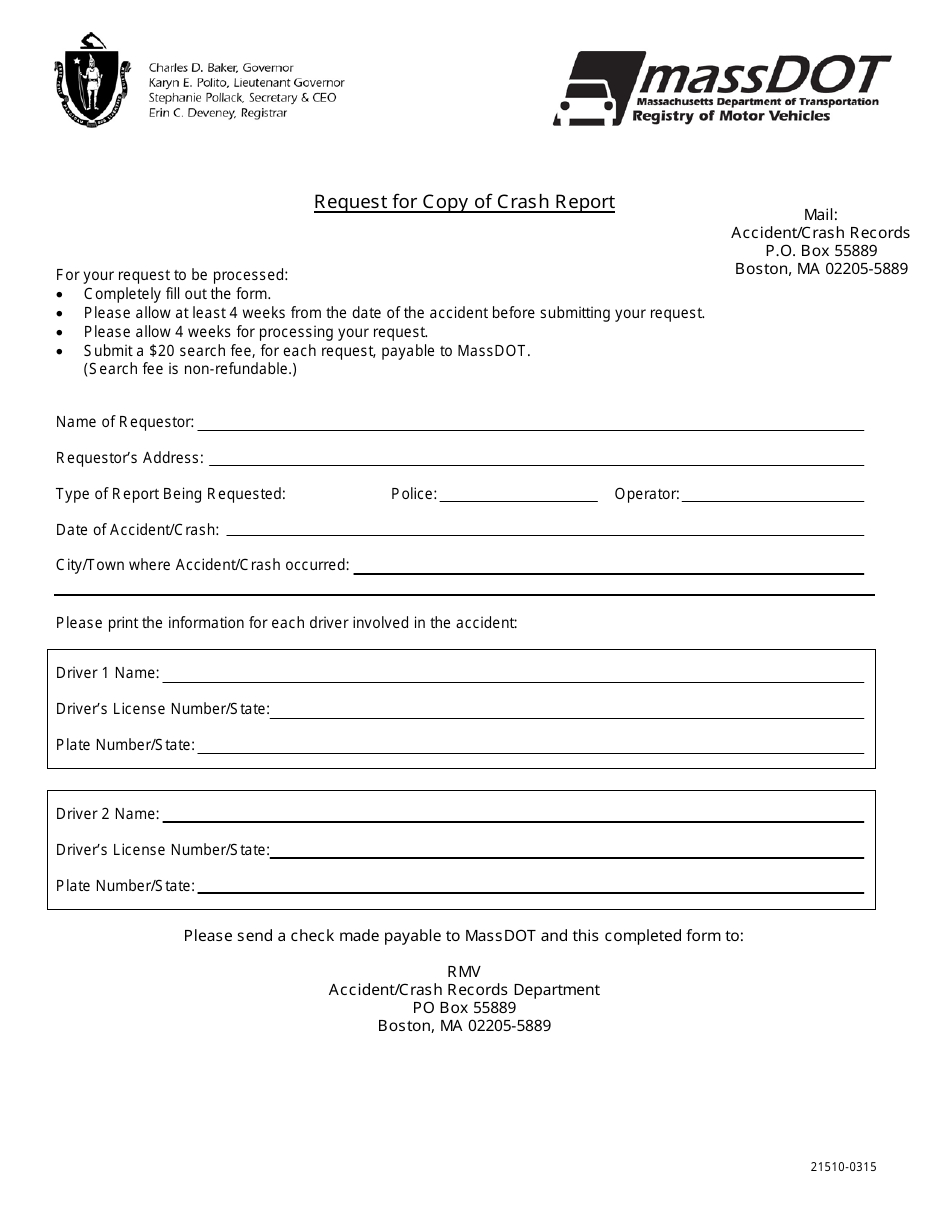 Form 21510-0315 Request for Copy of Crash Report - Massachusetts, Page 1