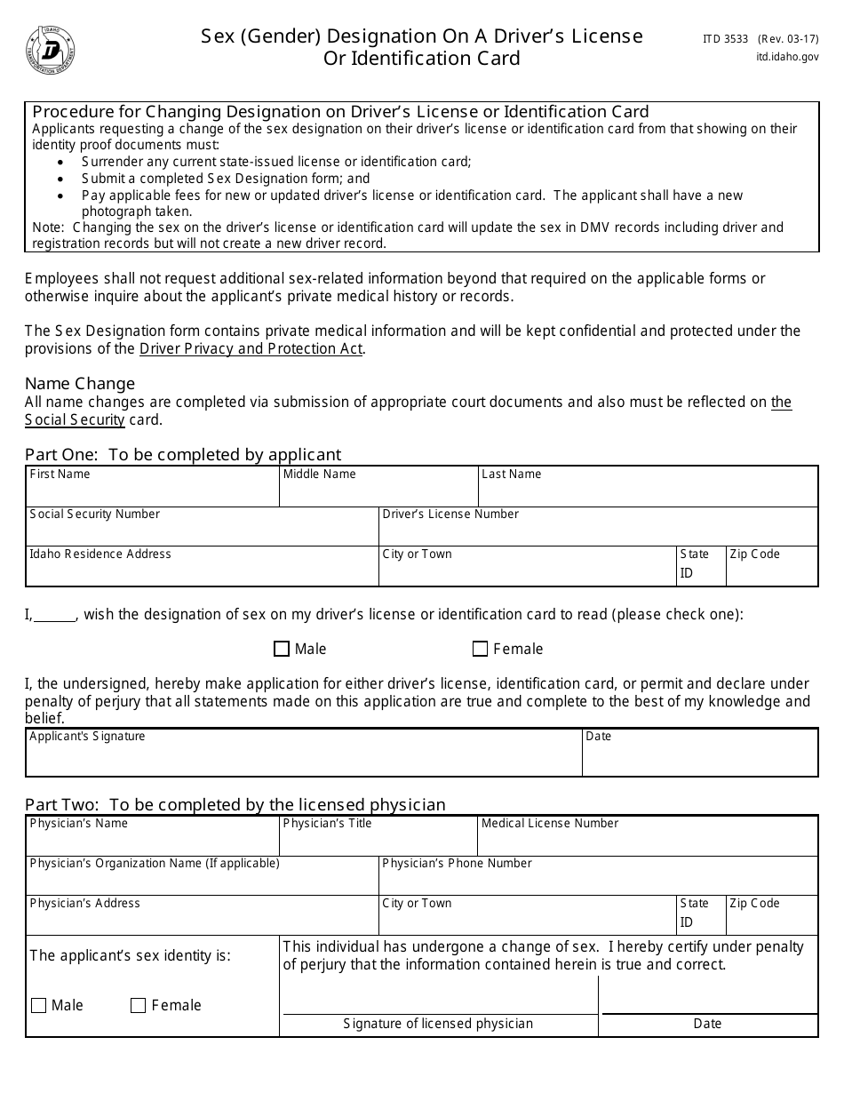 Form ITD3533 Sex (Gender) Designation on a Driver's License or Identification Card - Idaho, Page 1