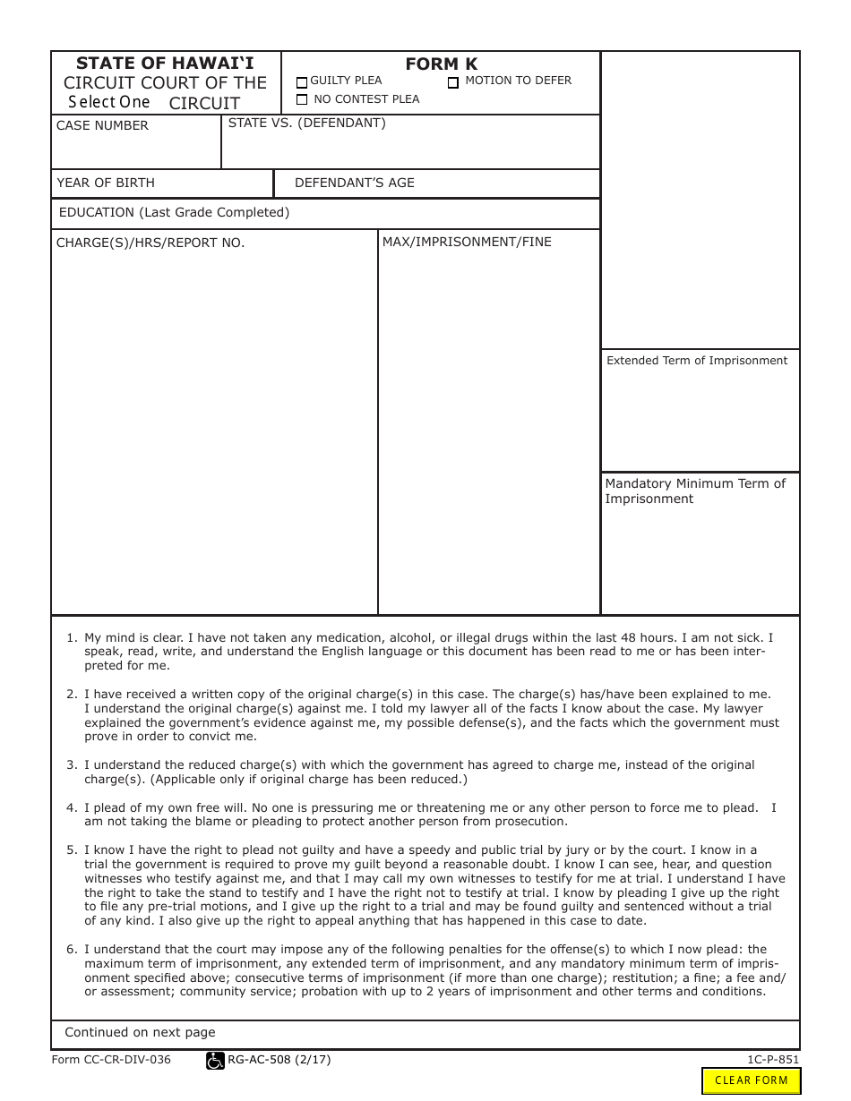 Form 1C-P-851 (K; CC-CR-DIV-036) Criminal Plea Form - Hawaii, Page 1