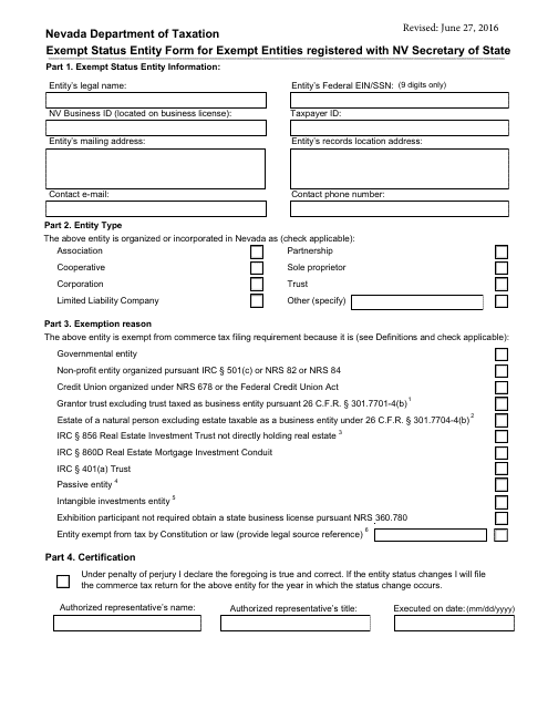 Exempt Status Entity Form for Exempt Entities Registered With Nv Secretary of State - Nevada Download Pdf