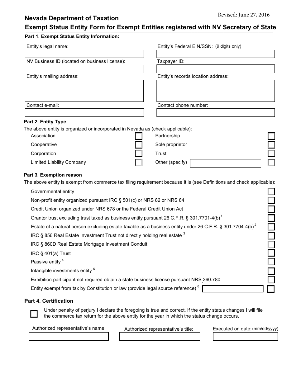 Nevada Exempt Status Entity Form For Exempt Entities Registered With Nv 