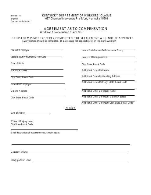 Form 110 Injury - Agreement as to Compensation - Kentucky