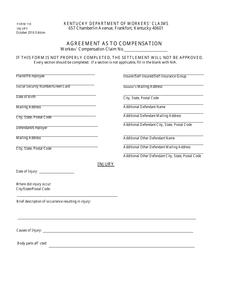 Form 110 Injury - Agreement as to Compensation - Kentucky, Page 1