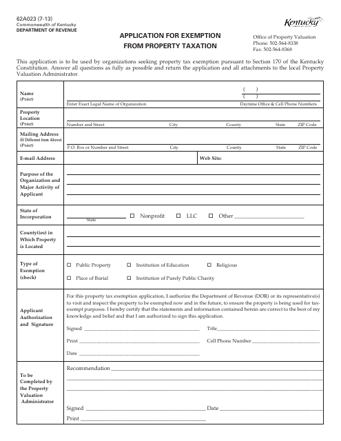 Form 62A023 Application for Exemption From Property Taxation - Kentucky
