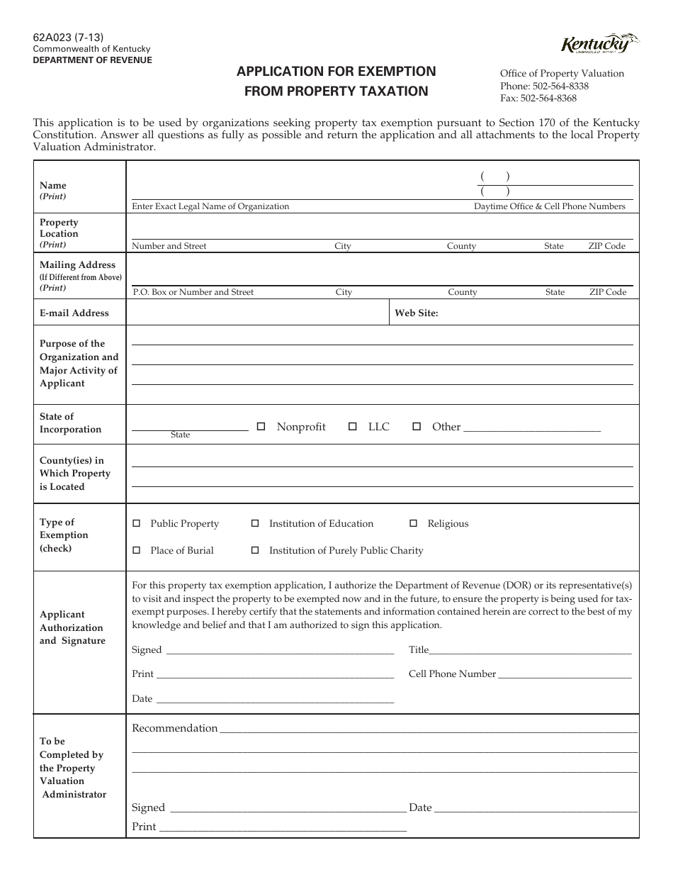 Form 62A023 Application for Exemption From Property Taxation - Kentucky, Page 1