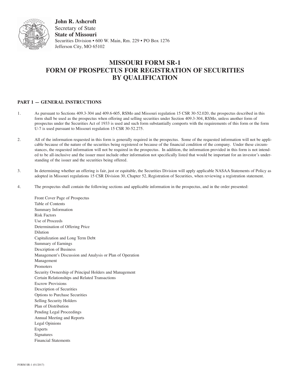 Form SR-1 Form of Prospectus for Registration of Securities by Qualification - Missouri, Page 1