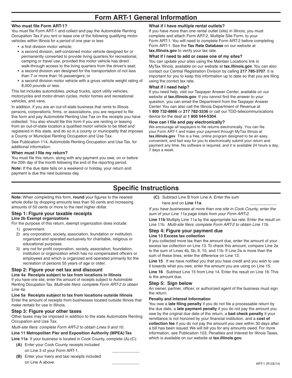 Instructions for Form ART-1 Automobile Renting Occupation and Use Tax Return - Illinois, Page 1