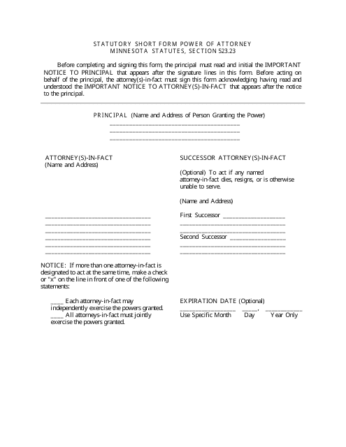 Statutory Short Form Power of Attorney Minnesota Statutes, Section 523.23 - Minnesota Download Pdf