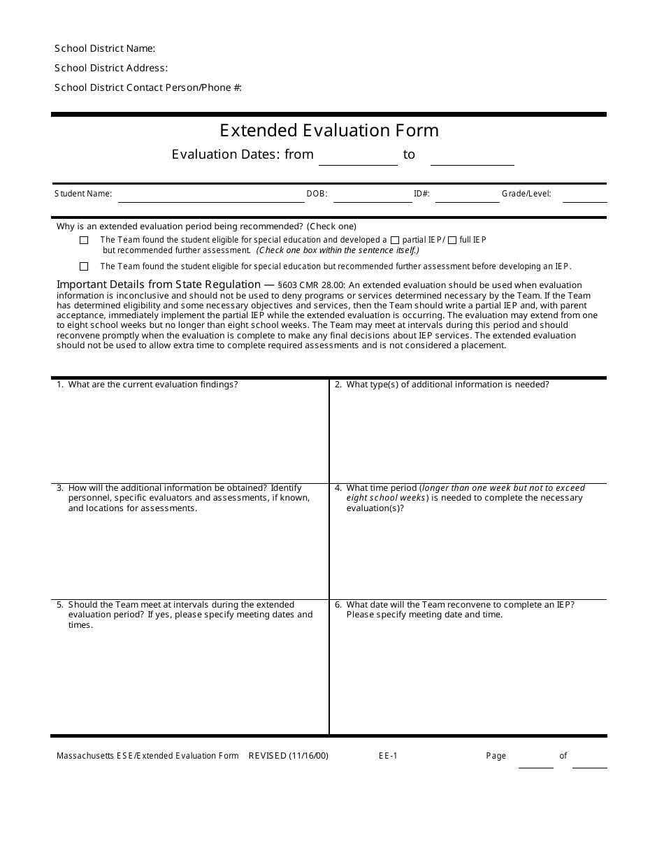 Form EE-1-2 Extended Evaluation Form - Massachusetts, Page 1