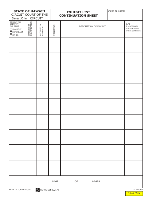 Form CC-CR-DIV-1C-P-089 (CC-CR-DIV-035) Exhibit List Continuation Sheet - Hawaii