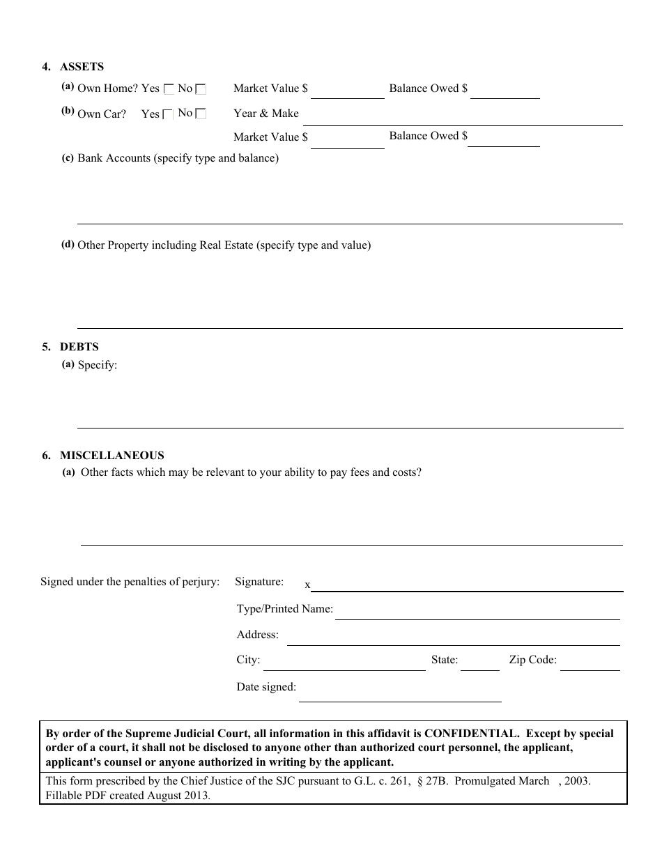 Supplement to Affidavit of Indigency and Request for Waiver, Substitution or State Payment of Fees  Costs - Massachusetts, Page 3