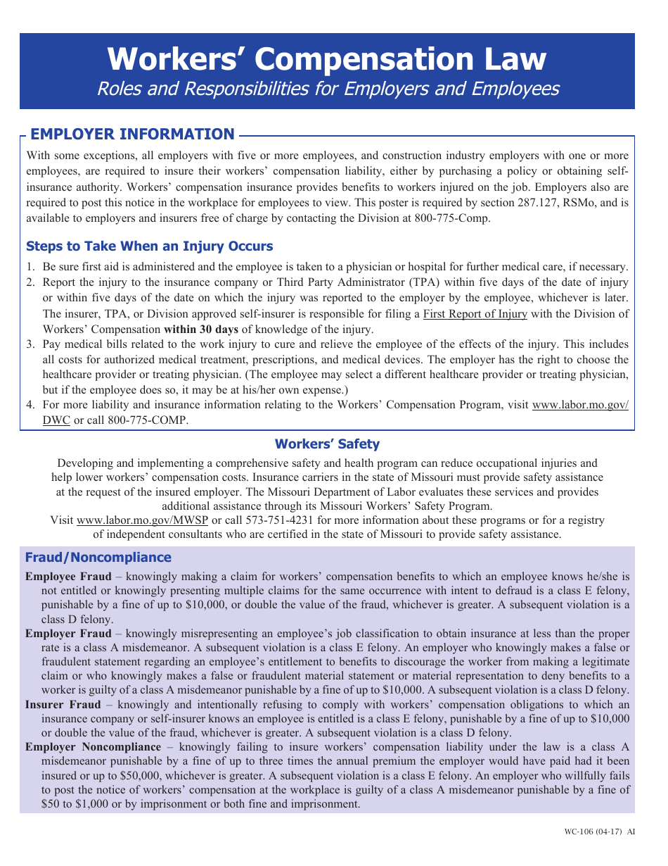 Form WC-106 - Fill Out, Sign Online and Download Fillable PDF, Missouri ...