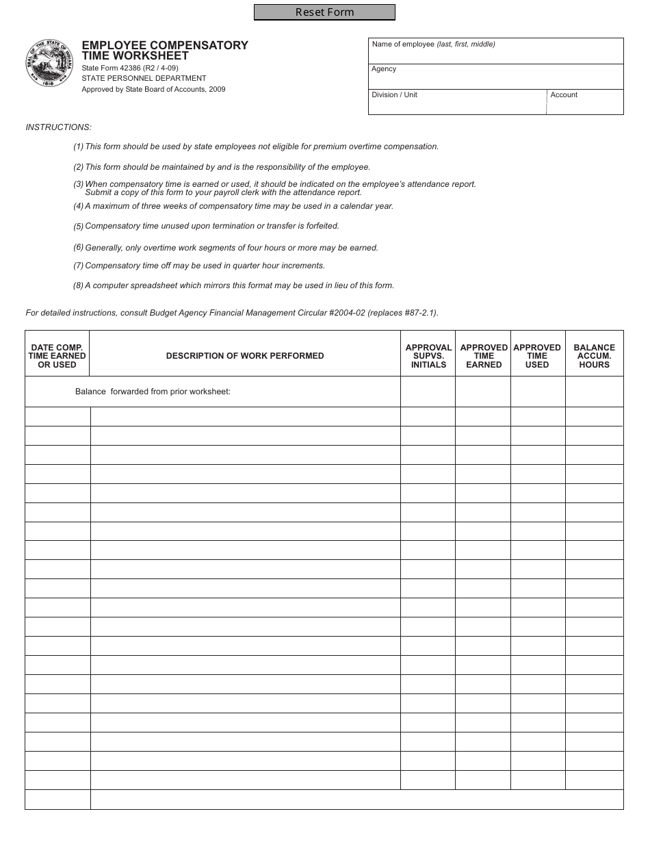 State Form 42386 Employee Compensatory Time Worksheet - Indiana, Page 1