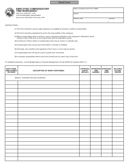 State Form 42386 Employee Compensatory Time Worksheet - Indiana