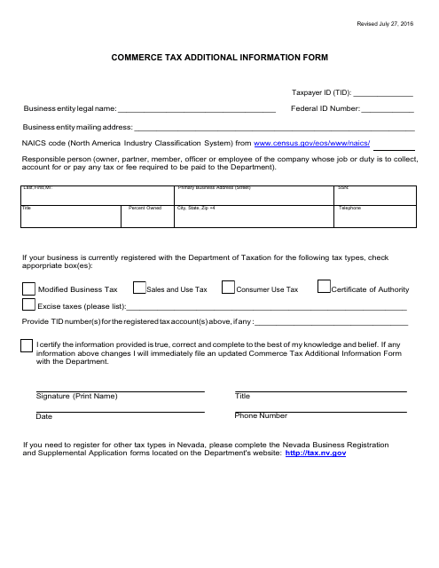 Commerce Tax Additional Information Form - Nevada Download Pdf