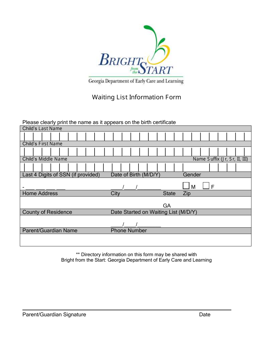 Waiting List Information Form - Georgia (United States), Page 1