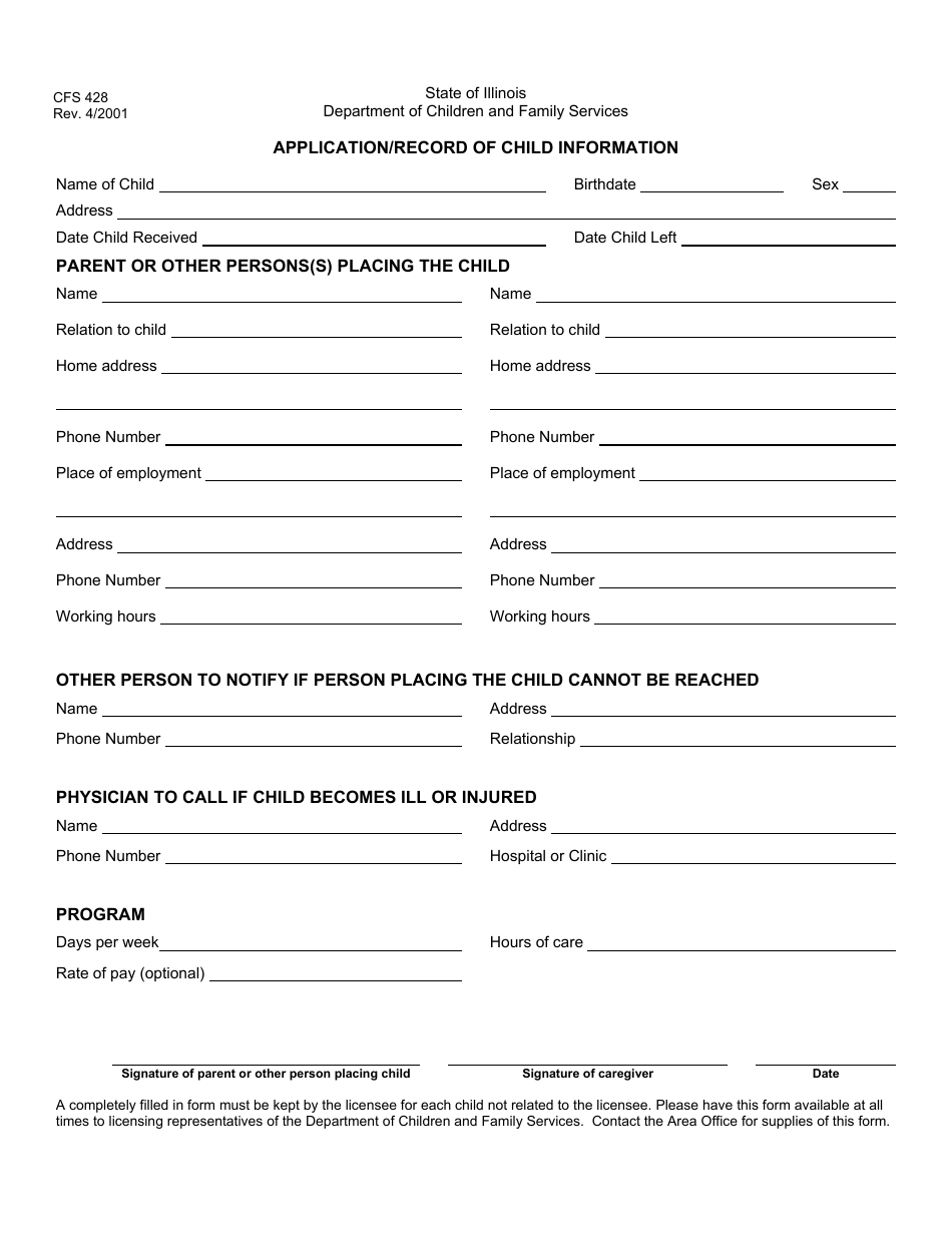 Form CFS428 Application / Record of Child Information - Illinois, Page 1
