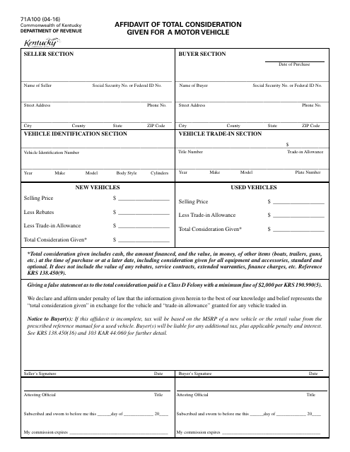 Form 71A100 Affidavit of Total Consideration Given for a Motor Vehicle - Kentucky