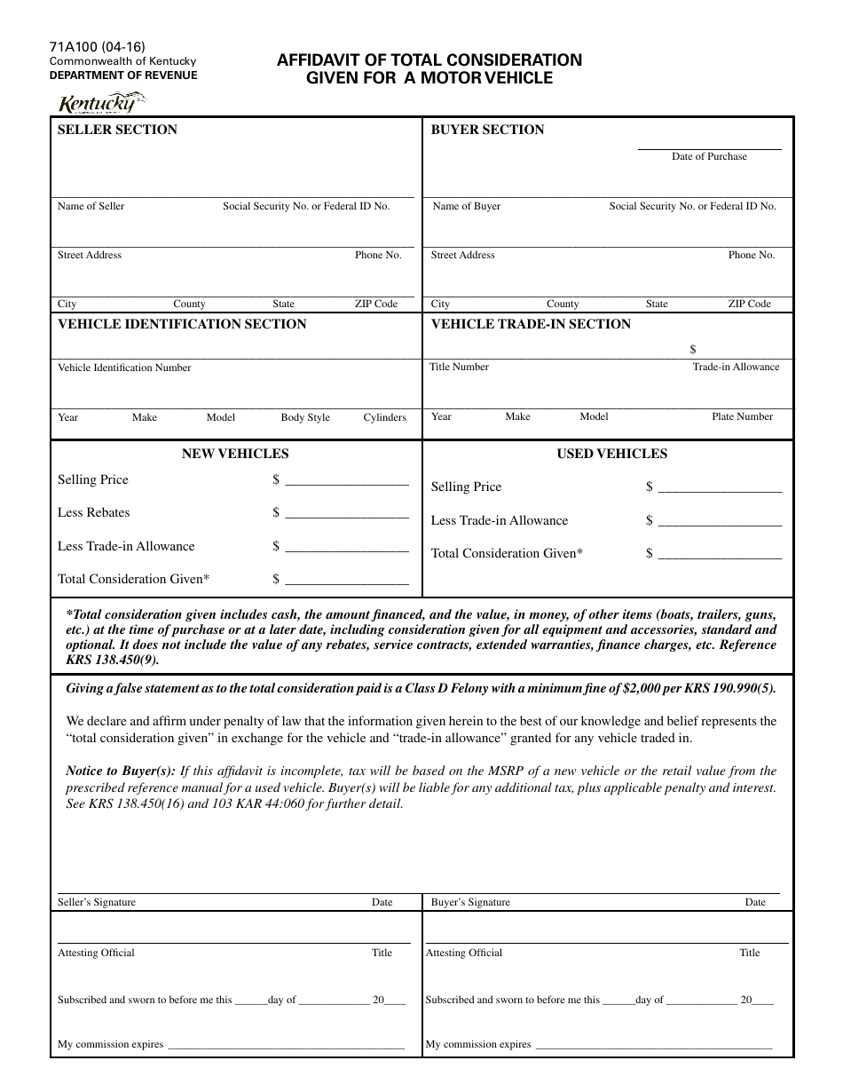 Form 71A100 Affidavit of Total Consideration Given for a Motor Vehicle - Kentucky, Page 1